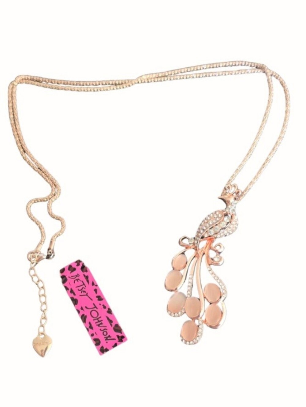 NWT Betsey Johnson Cats Eye Peacock Crystal Rose Gold Pendant Necklace